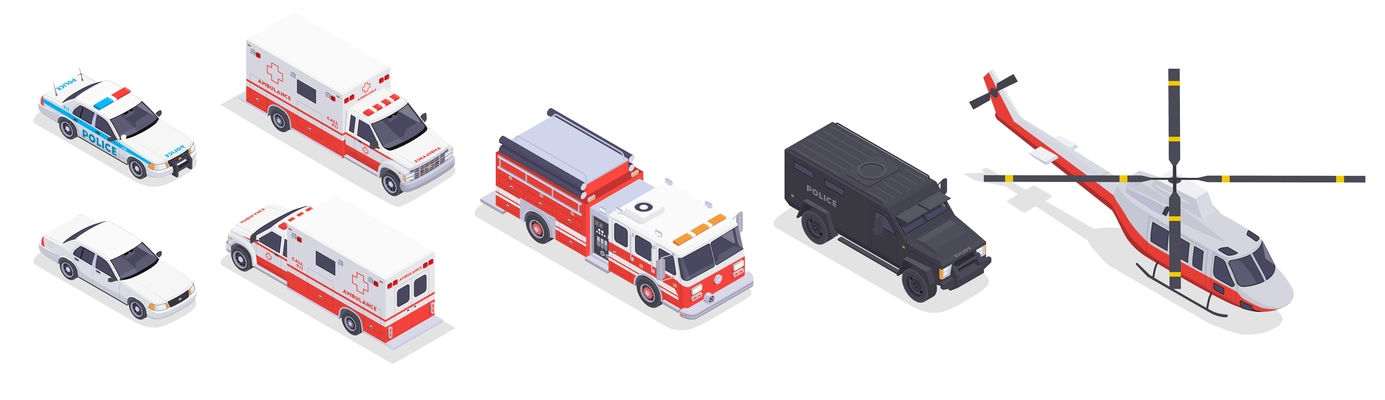 Emergency service transport isometric icons set with fire engine ambulance police car helicopter 3d isolated vector illustration