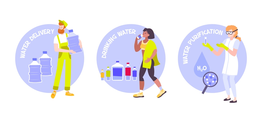 Set of three round water compositions with flat characters of people plastic bottles and editable text vector illustration