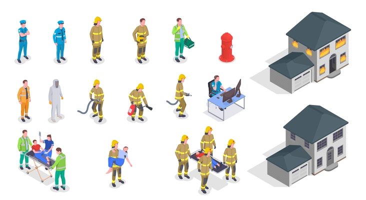 Emergency service isometric icons set with house on fire policeman firefighter doctor characters helping injured people 3d isolated vector illustration