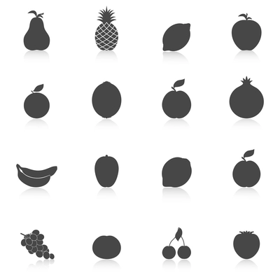 Set of black isolated fruit icons with reflection vector illustration