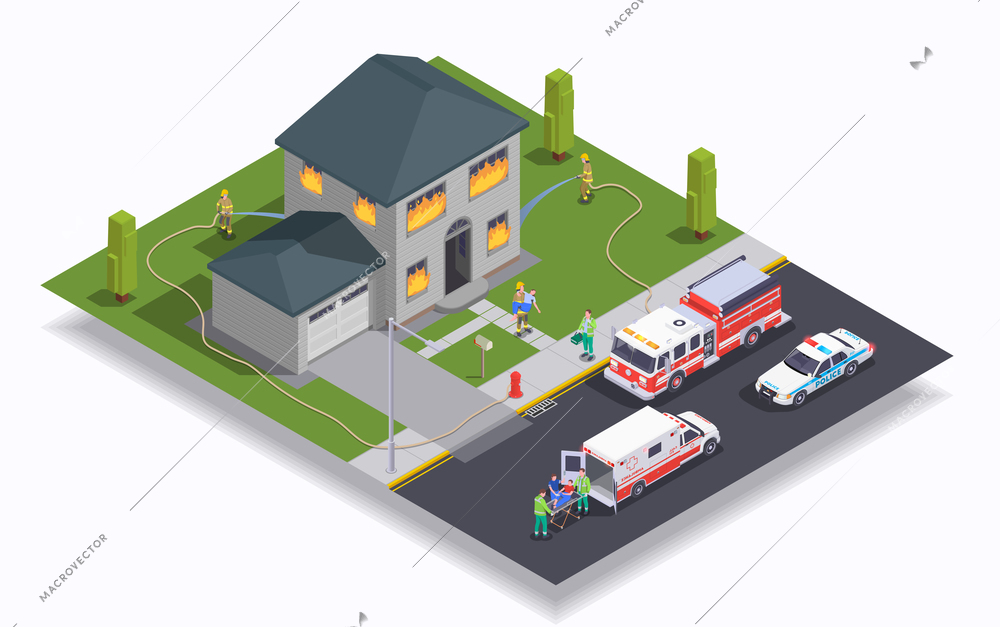 Isometric concept with building on fire and emergency cars 3d vector illustration