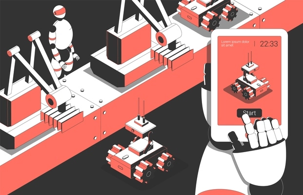 Automated robotic industrial manufacturing   assembly line with humanoid worker and  remote control robot isometric composition vector illustration