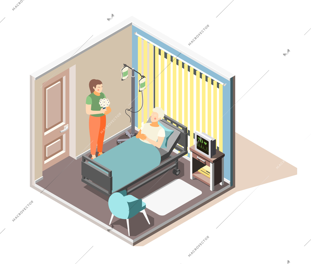 Depression anxiety acute stress disorder isometric composition with visitor bringing flowers to hospitalized patient vector illustration