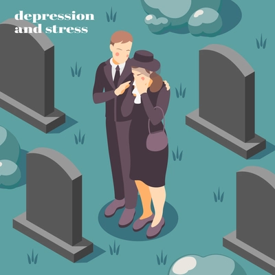 Mental health depression stress isometric composition on coping with grief loss death of loved one vector illustration