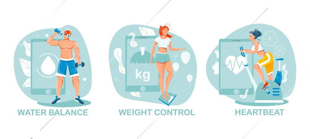 Flat composition with people doing sports and using gadgets for keeping control over water balance weight and heartbeat isolated vector illustration