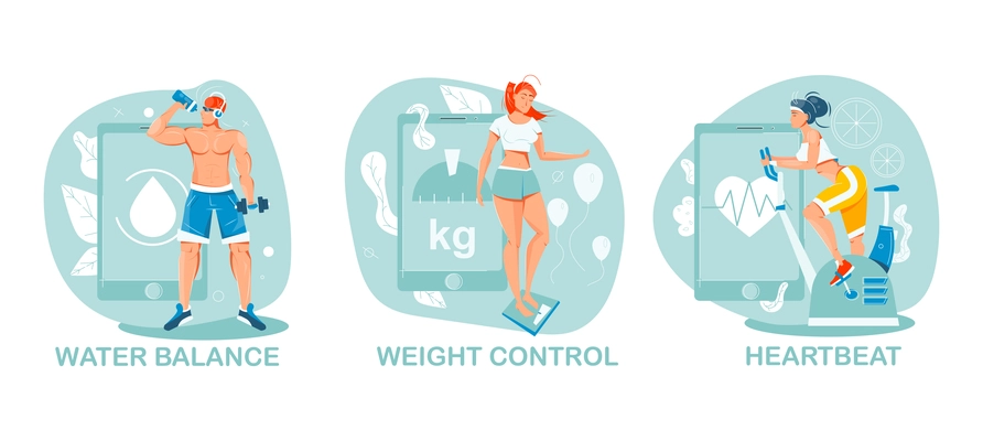 Flat composition with people doing sports and using gadgets for keeping control over water balance weight and heartbeat isolated vector illustration