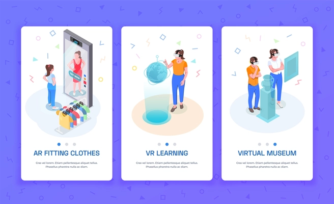 Virtual augmented reality 3 isometric vertical banners with ar trying on clothes learning vr museum vector illustration
