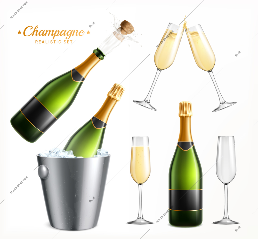 Champagne realistic set of bottles and drinking glass isolated images with ornate text on blank background vector illustration