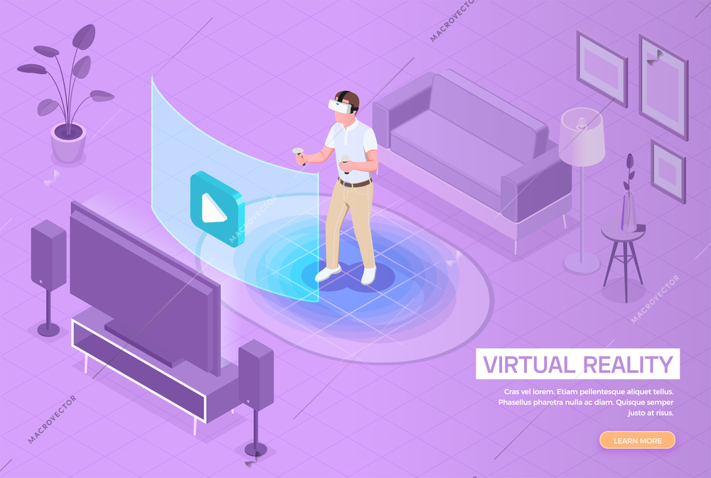 Virtual augmented reality isometric landing page with man in headset immersed in vr entertainment experience vector illustration