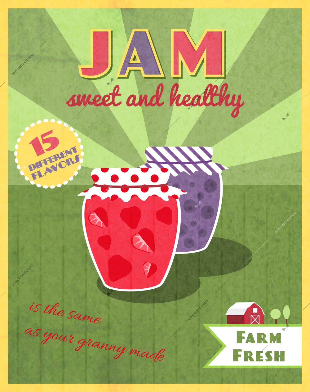 Sweet and healthy homemade strawberry and blueberry jam in glass with paper cover retro poster vector illustration