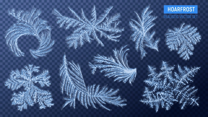 Realistic hoarfrost transparent set with isolated images of snowy swirls on transparent background with text vector illustration