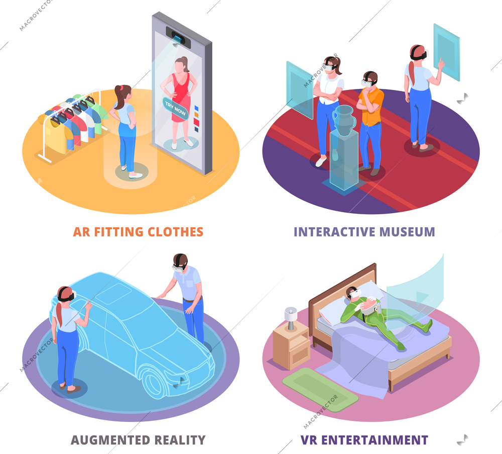 Virtual augmented reality 4 round isometric compositions with ar clothes fitting room interactive museum  entertainment vector illustration