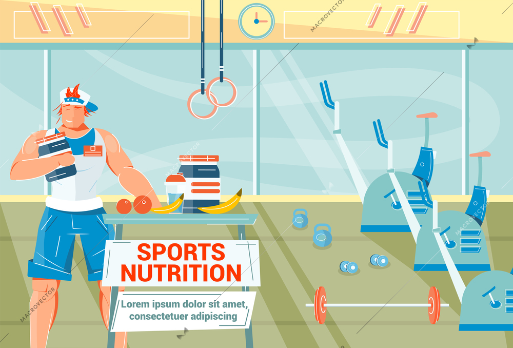 Sports nutrition flat background with athlete drinking protein in gym vector illustration