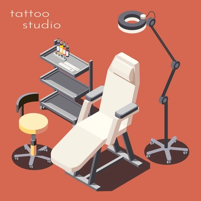 Tattoo studio professional furniture equipment isometric advertising background poster with client armchair workstation floor lamp vector illustration