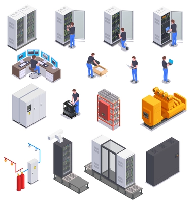 Data center equipment and system administrator character colored isometric icons set 3d isolated vector illustration