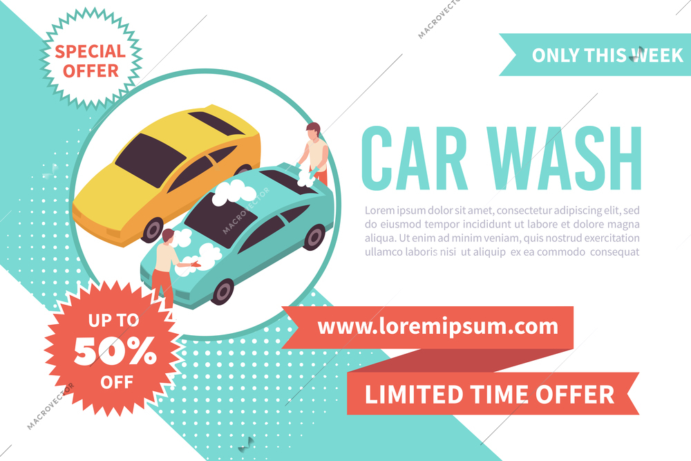 Car wash special offer isometric banner with two people cleaning automobile 3d vector illustration