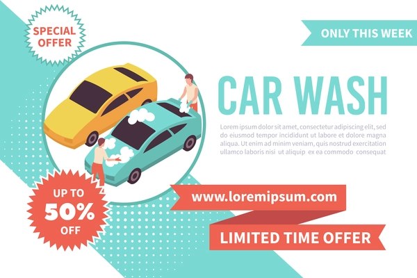 Car wash special offer isometric banner with two people cleaning automobile 3d vector illustration