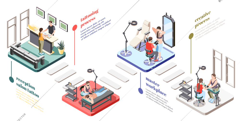 Tattoo studio isometric flowchart with reception master workplace equipment client choosing design style tattooing process vector illustration