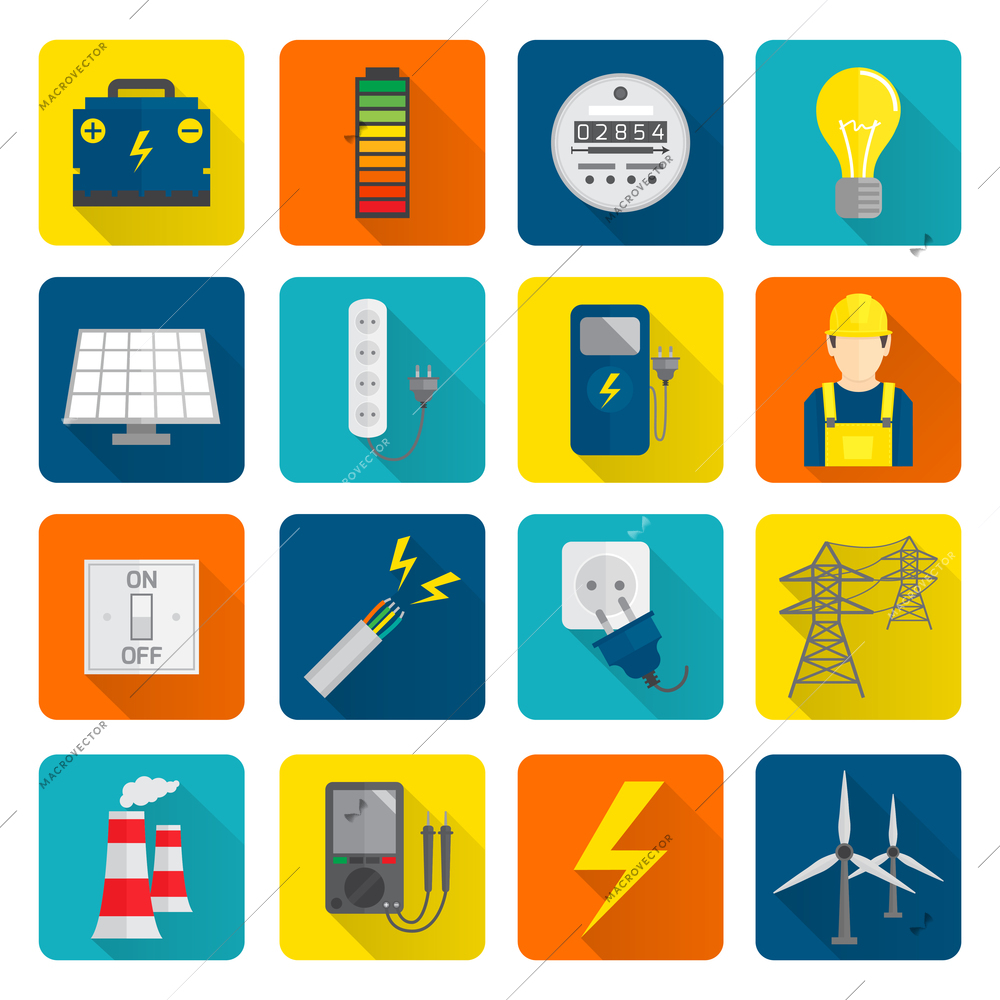 Set of electricity energy accumulator icons in flat style on squares with long shadows vector illustration