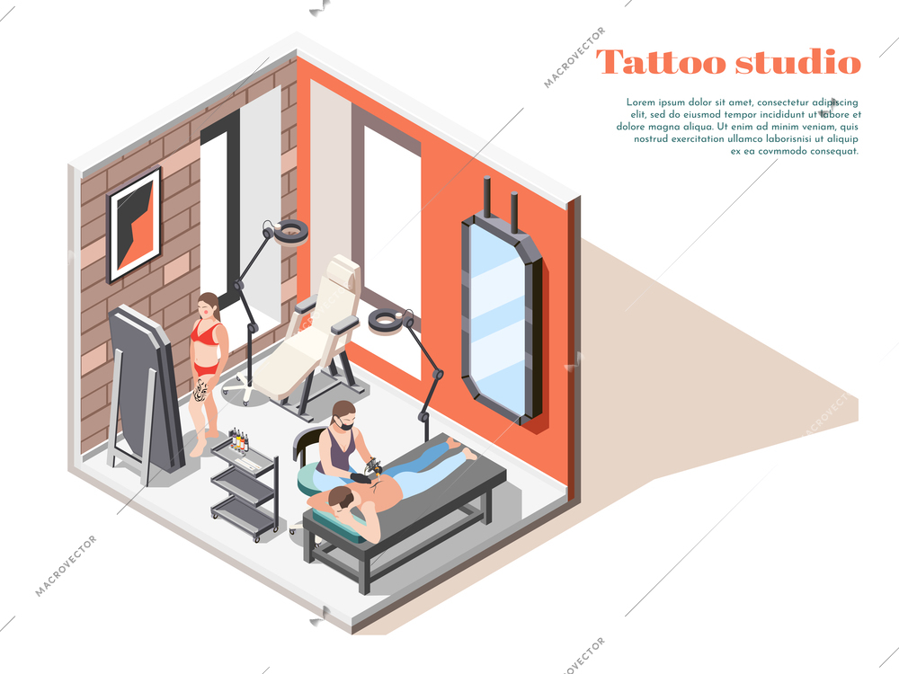 Tattoo studio interior isometric composition with mirrors floor lamps artist applying design on clients back vector illustration