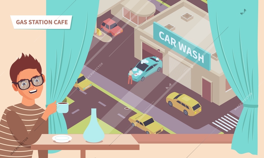 Man drinking coffee at gas station cafe with window looking out over car wash building 3d isometric vector illustration