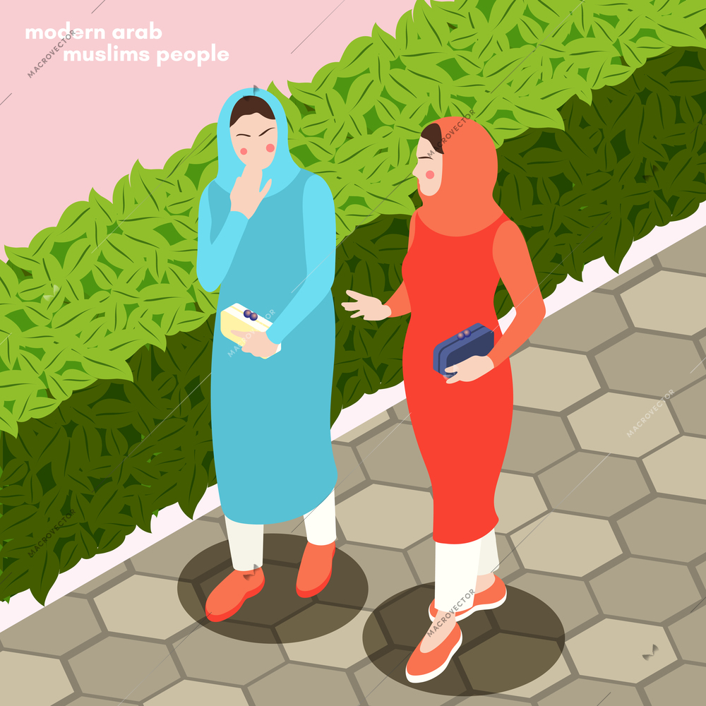 Modern young arab ladies in traditional muslim clothes walking outdoor isometric composition city park background vector illustration