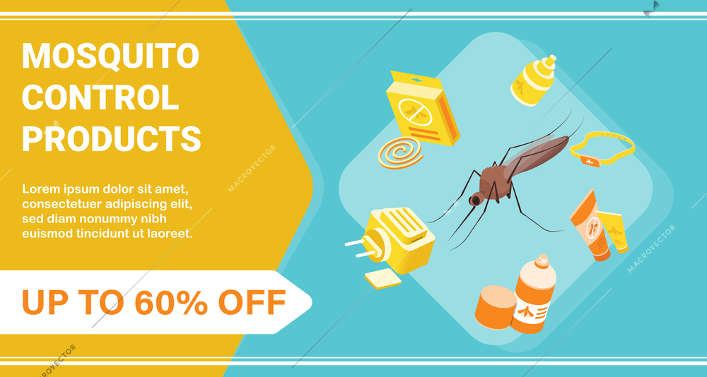 Mosquito control products poster with discount symbols isometric vector illustration