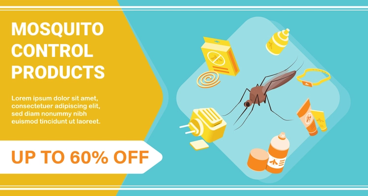 Mosquito control products poster with discount symbols isometric vector illustration