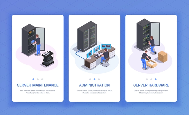 Datacenter administration hardware equipment server maintenance communication services 3 isometric vertical banners blue background isolated vector illustration