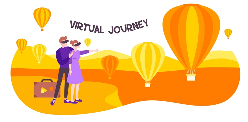 VR travel flat composition with text and characters of couple in vr glasses with aerostats landscape vector illustration