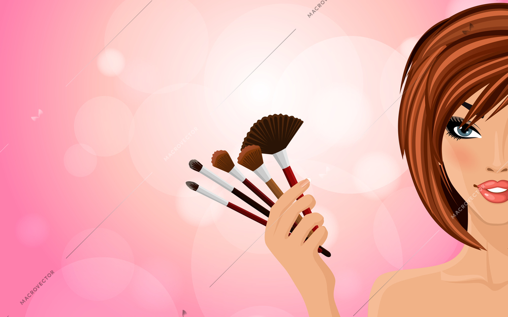 Pretty woman with red hairs holding make up equipment on pink shiny background vector illustration