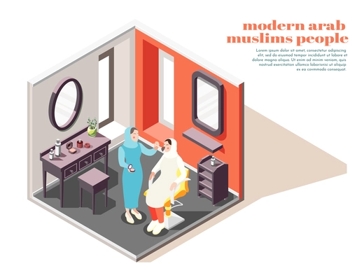 Modern arabian beauty salon interior isometric composition with stylist applying makeup on muslim lady client vector illustration