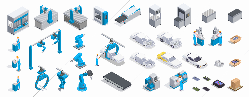 Isometric 3d icons set with male mechanics repair parts and automated industrial equipment for car production isolated on white background vector illustration