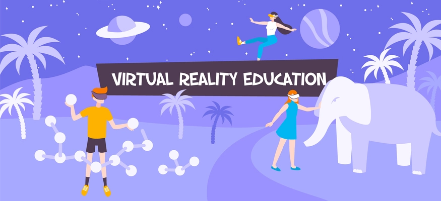 VR education flat composition with text and characters of children with silhouettes of fauna planets and molecules vector illustration