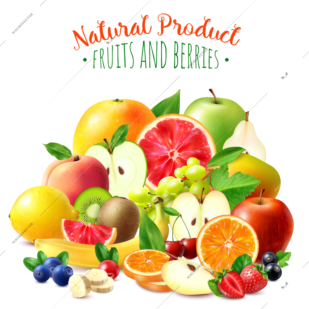 Realistic composition with different natural ripe fruits and berries on white background vector illustration