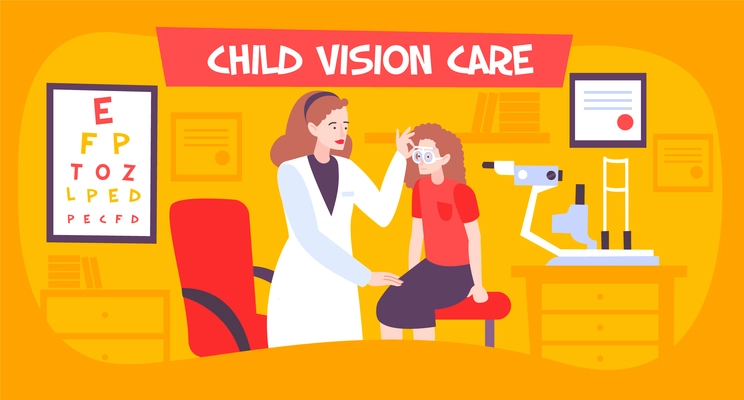 Eye care kid flat composition with character of teenage girl at ophthalmologists office with furniture silhouettes vector illustration