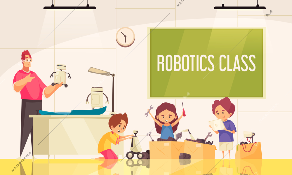 Robotics class background with little children children creating  robotic toys under guidance of teacher vector illustration