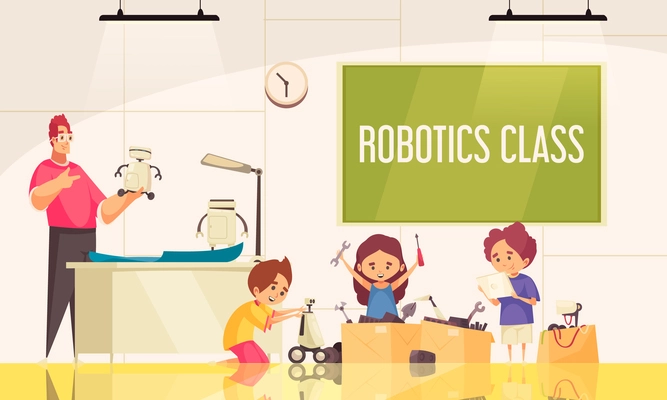 Robotics class background with little children children creating  robotic toys under guidance of teacher vector illustration