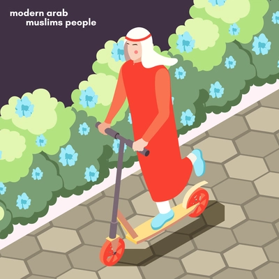 Modern young saudi arab in traditional muslim clothes riding kick scooter isometric composition floral background vector illustration