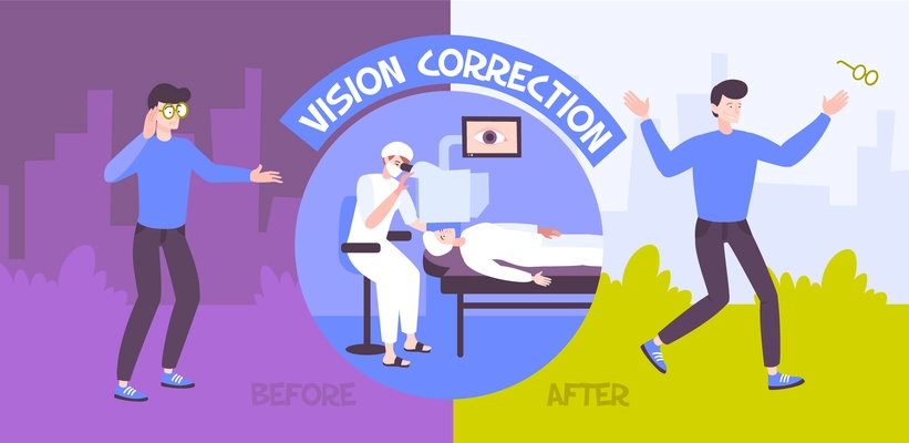 Ophthalmology clinic concept flat background with doodle style human characters giving up glasses after vision correction vector illustration