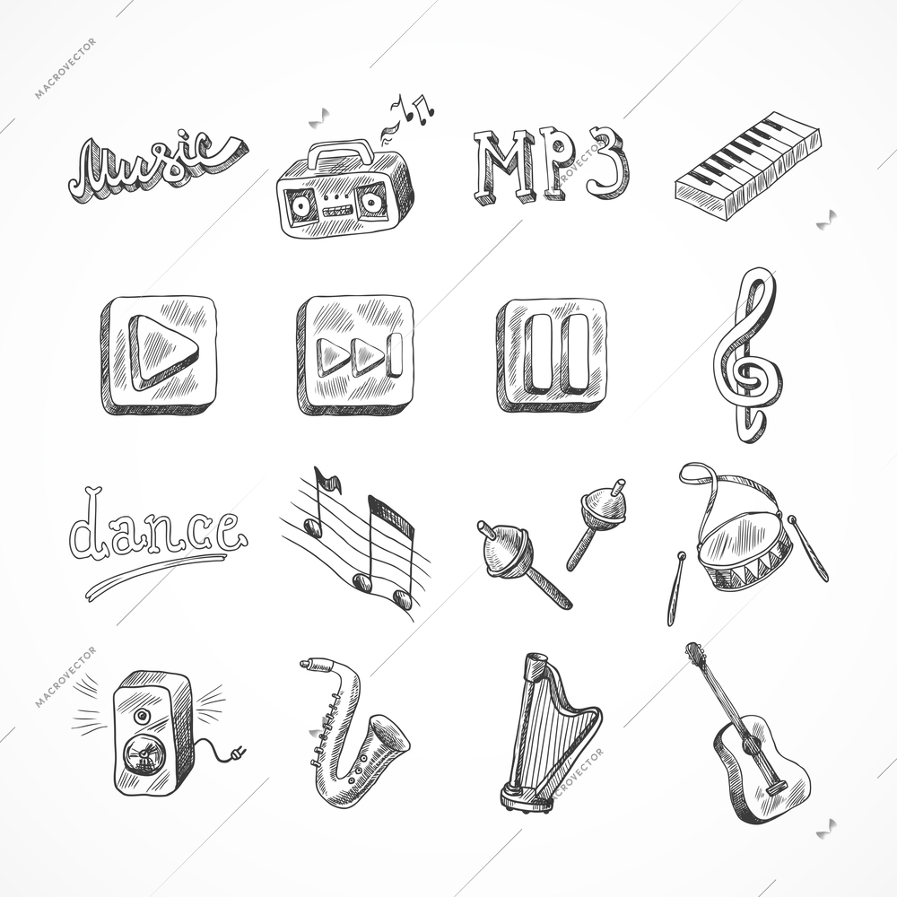 Set of music dance instruments hand drawn icons in sketch style vector illustration