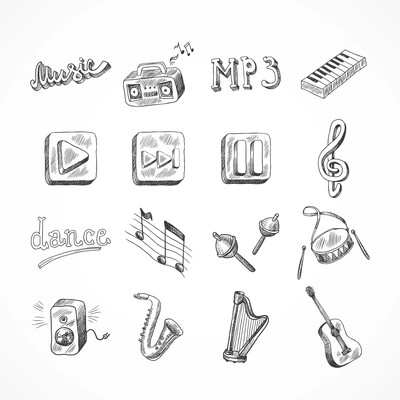 Set of music dance instruments hand drawn icons in sketch style vector illustration