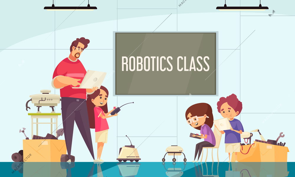 Robotics class cartoon composition with teacher demonstrating motion control of drones and robots vector illustration