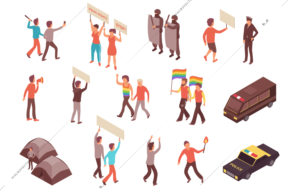 People participating in street protests and police officers isometric icons set 3d isolated vector illustration