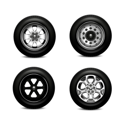 Set with four isolated car wheels realistic images with metal alloy wheels and rubber tyre tread vector illustration