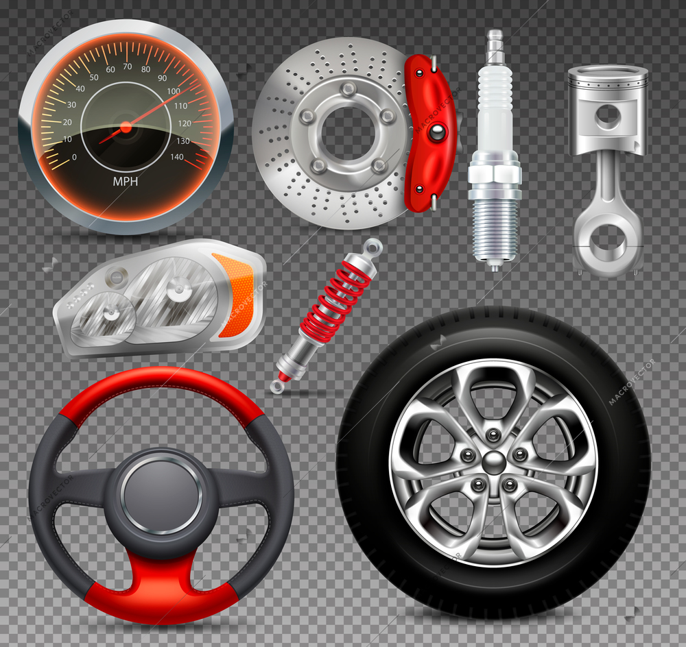 Car parts big set of isolated realistic images on transparent background with shadows and engine elements vector illustration