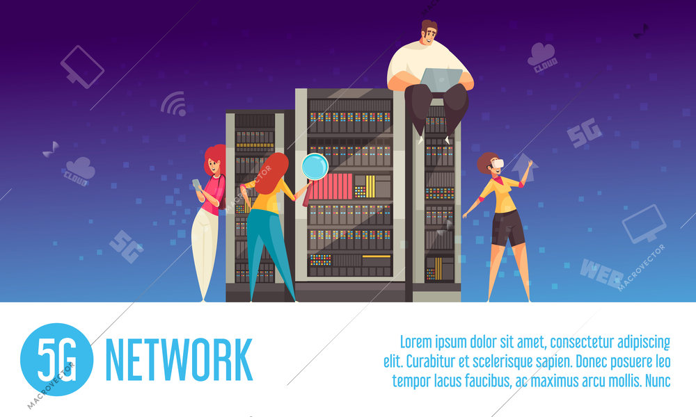 Internet technology horizontal banner with young people using 5g global network for communication flat vector illustration