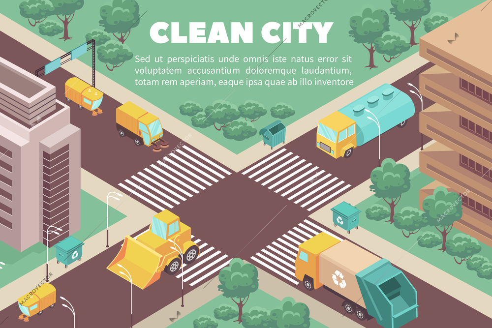 Isometric composition with garbage trucks and trash containers in streets of clean city 3d vector illustration