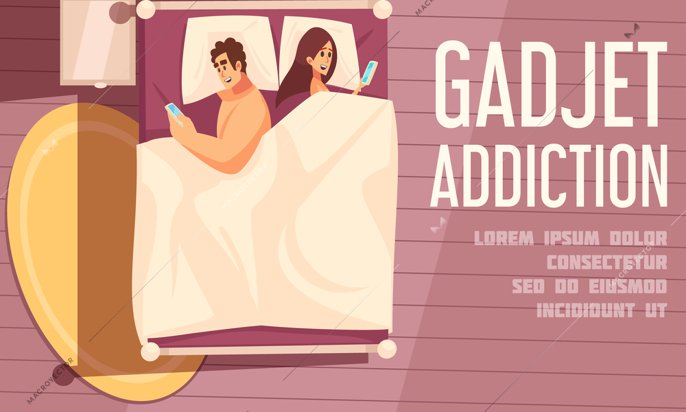 Gadget addiction poster with young couple lying in bed turning away from each other and looking in mobile phones vector illustration