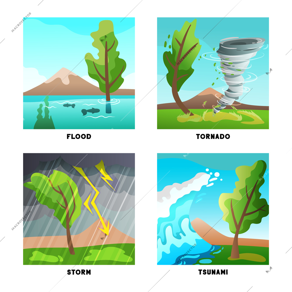Natural disasters concept 4 flat compositions set with storm flood tornado and tsunami wave isolated vector illustration